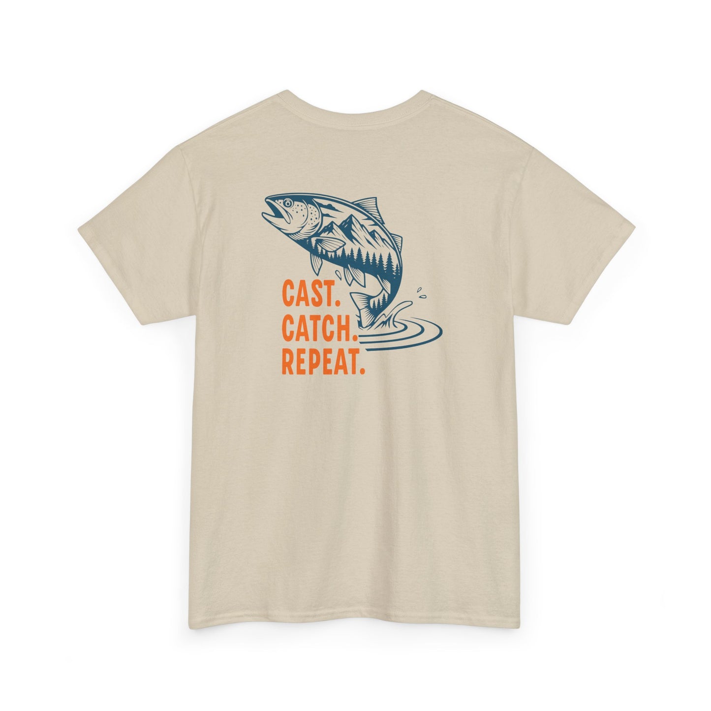 Beige t-shirt with a fish graphic and text 'CAST. CATCH. REPEAT.' on a white background