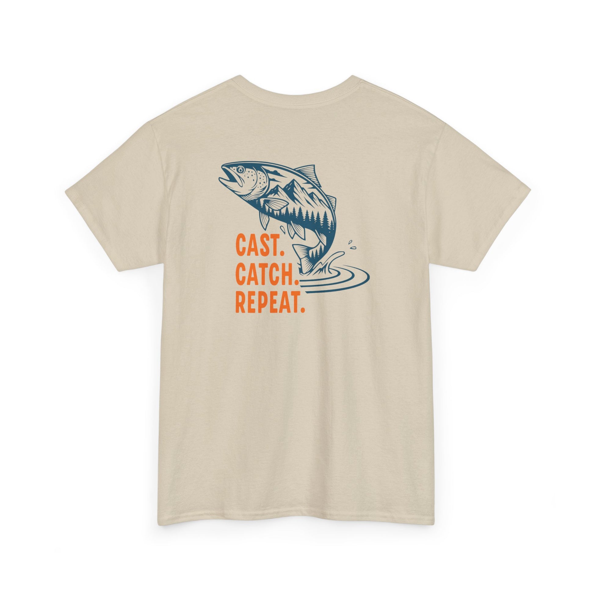 Beige t-shirt with a fish graphic and text 'CAST. CATCH. REPEAT.' on a white background