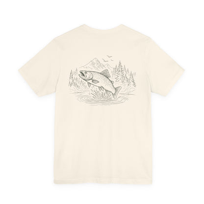Beige t-shirt with a graphic of a fish and nature scene on a white background