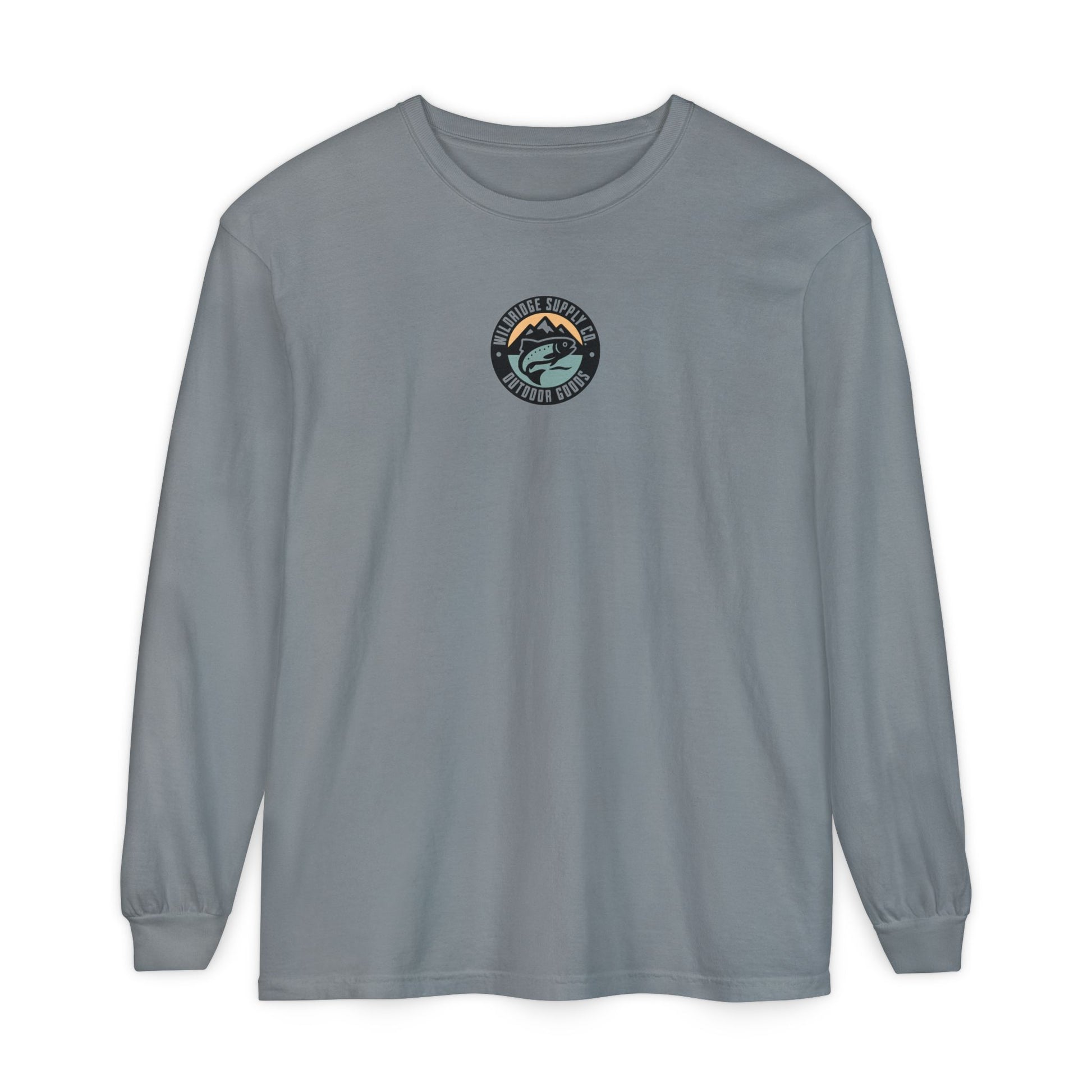 Gray long-sleeve shirt with a logo on the chest against a white background