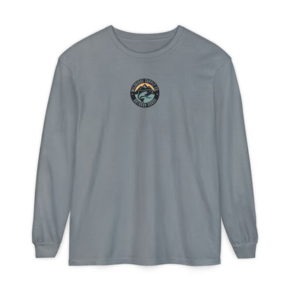Gray long-sleeve shirt with a logo on the chest against a white background
