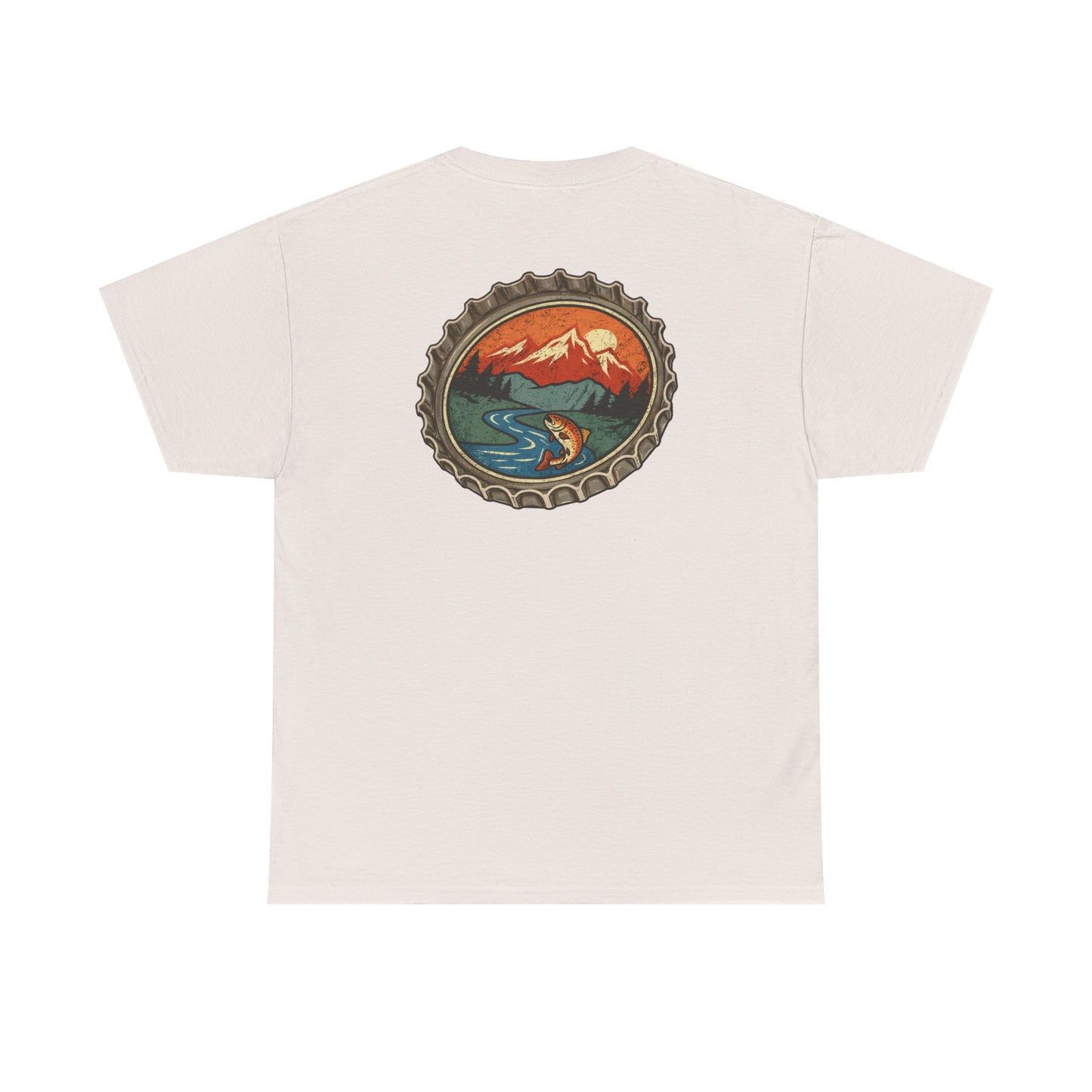 Bottle Cap Fishing Graphic Tee – Vintage Mountain River Outdoor Shirt