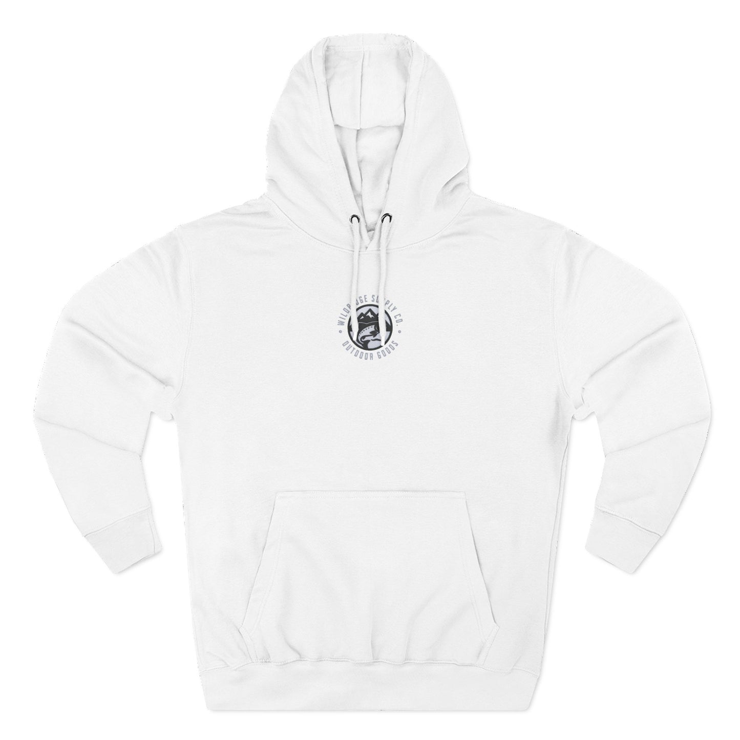 White hoodie with a logo on the chest against a white background