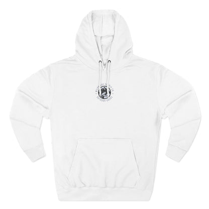 White hoodie with a logo on the chest against a white background
