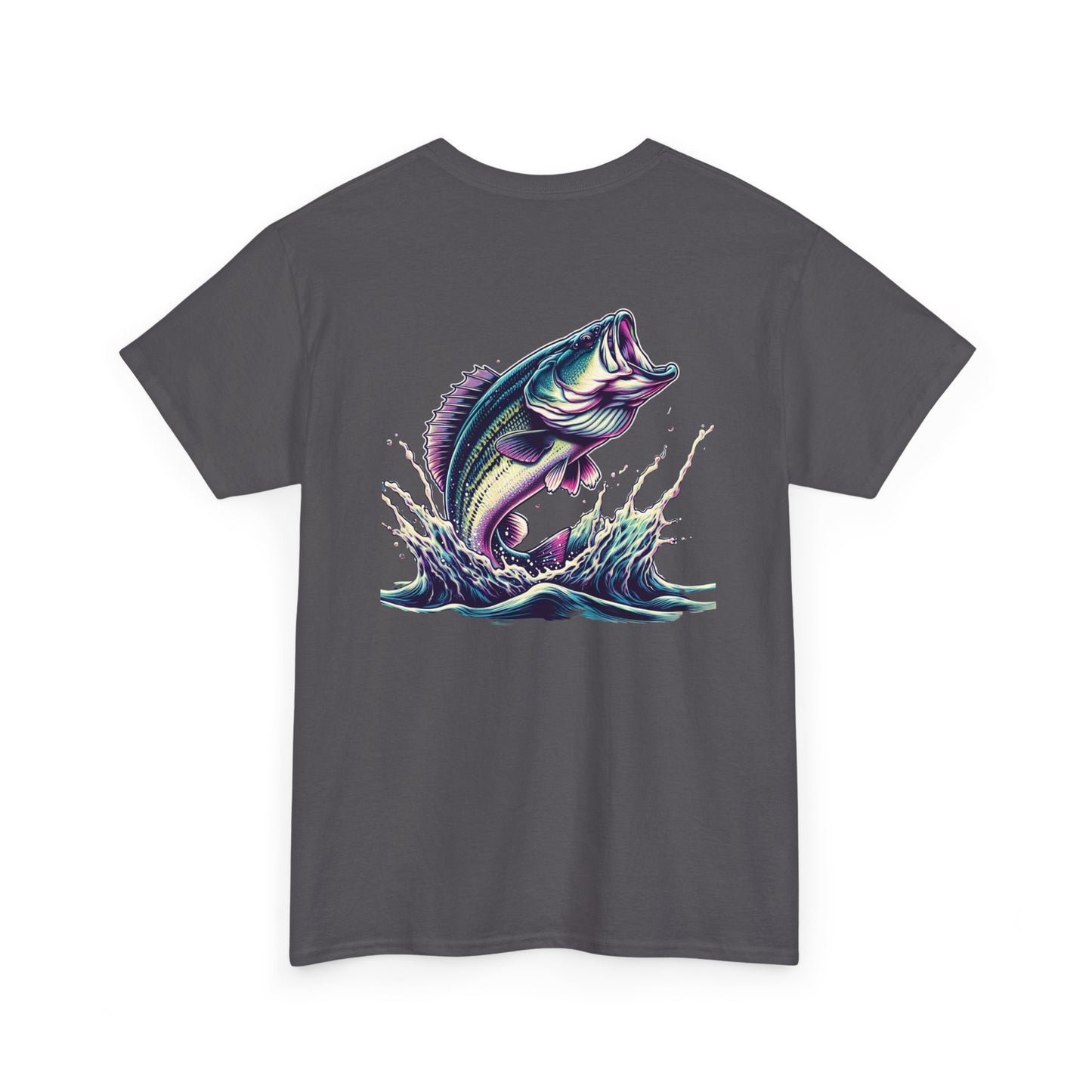 Grey t-shirt with colorful graphic of a largemouth bass leaping out of water – fishing themed apparel