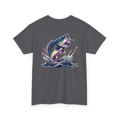 Grey t-shirt with colorful graphic of a largemouth bass leaping out of water – fishing themed apparel