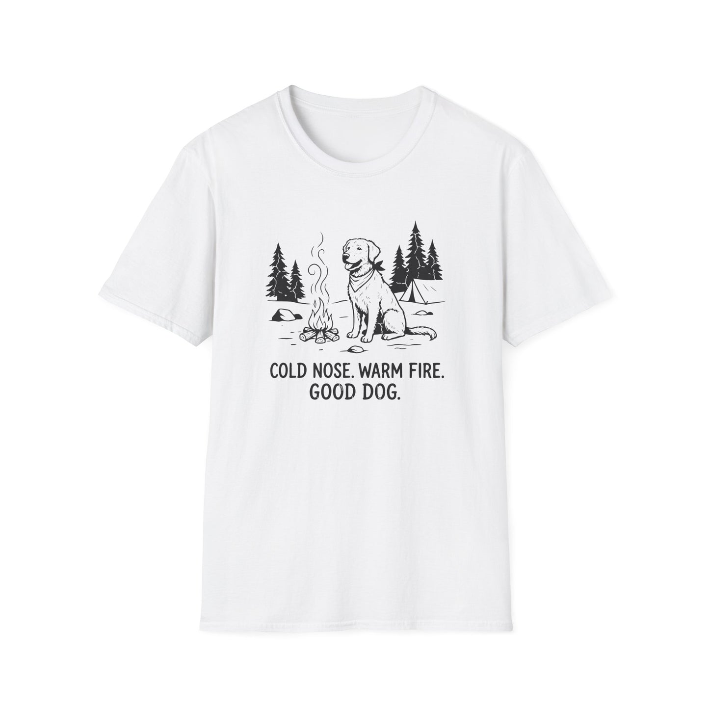 Camping Dog T-Shirt — "Cold Nose, Warm Fire, Good Dog" Graphic Tee