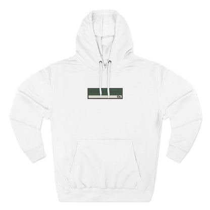 Front view white hoodie with small Wildridge bar patch graphic