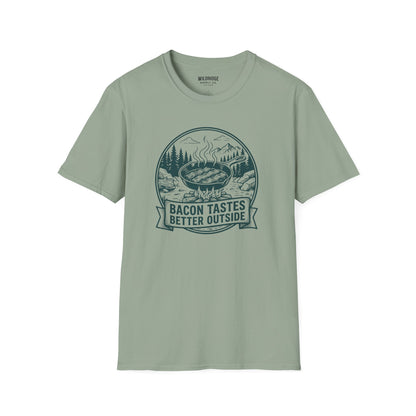 Bacon Tastes Better Outside T-Shirt — Campfire Breakfast Graphic Tee