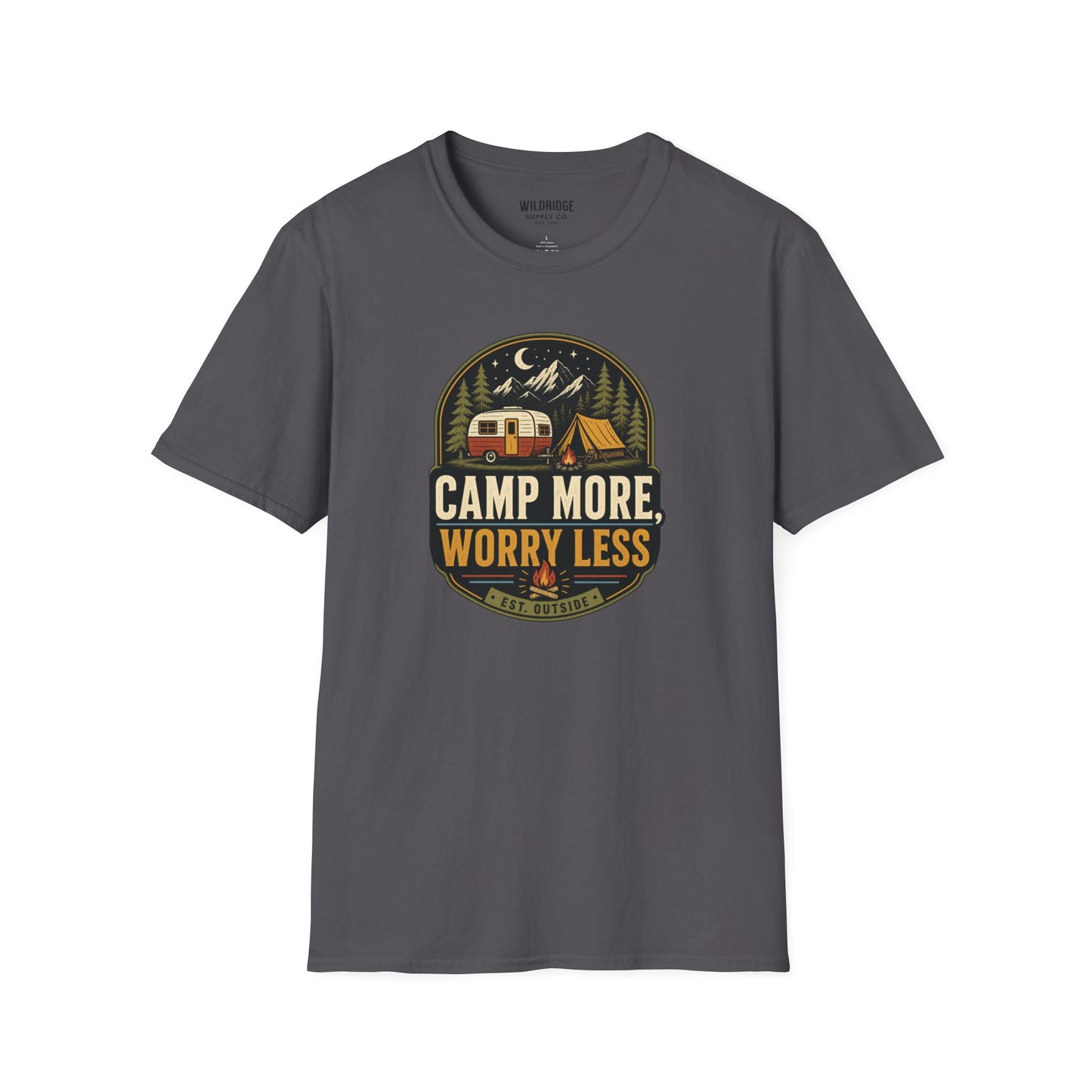 Camp More Worry Less T-Shirt | Vintage RV Camping Badge