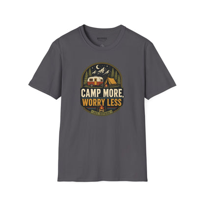Camp More Worry Less T-Shirt | Vintage RV Camping Badge