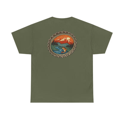 Bottle Cap Fishing Graphic Tee – Vintage Mountain River Outdoor Shirt