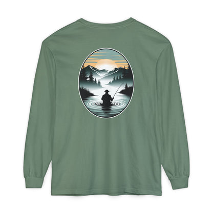 Green long-sleeve shirt with a nature-themed graphic on the back