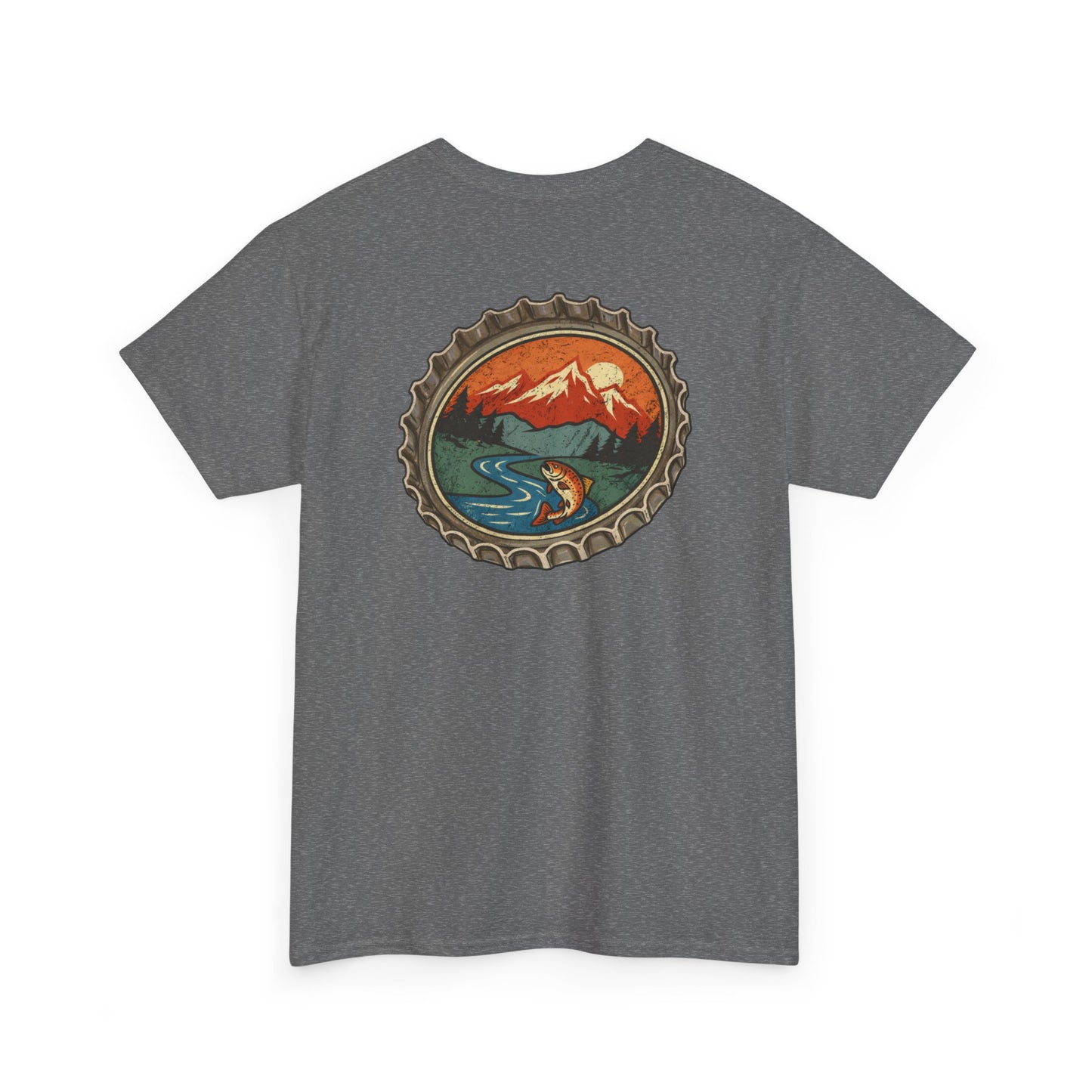 Bottle Cap Fishing Graphic Tee – Vintage Mountain River Outdoor Shirt