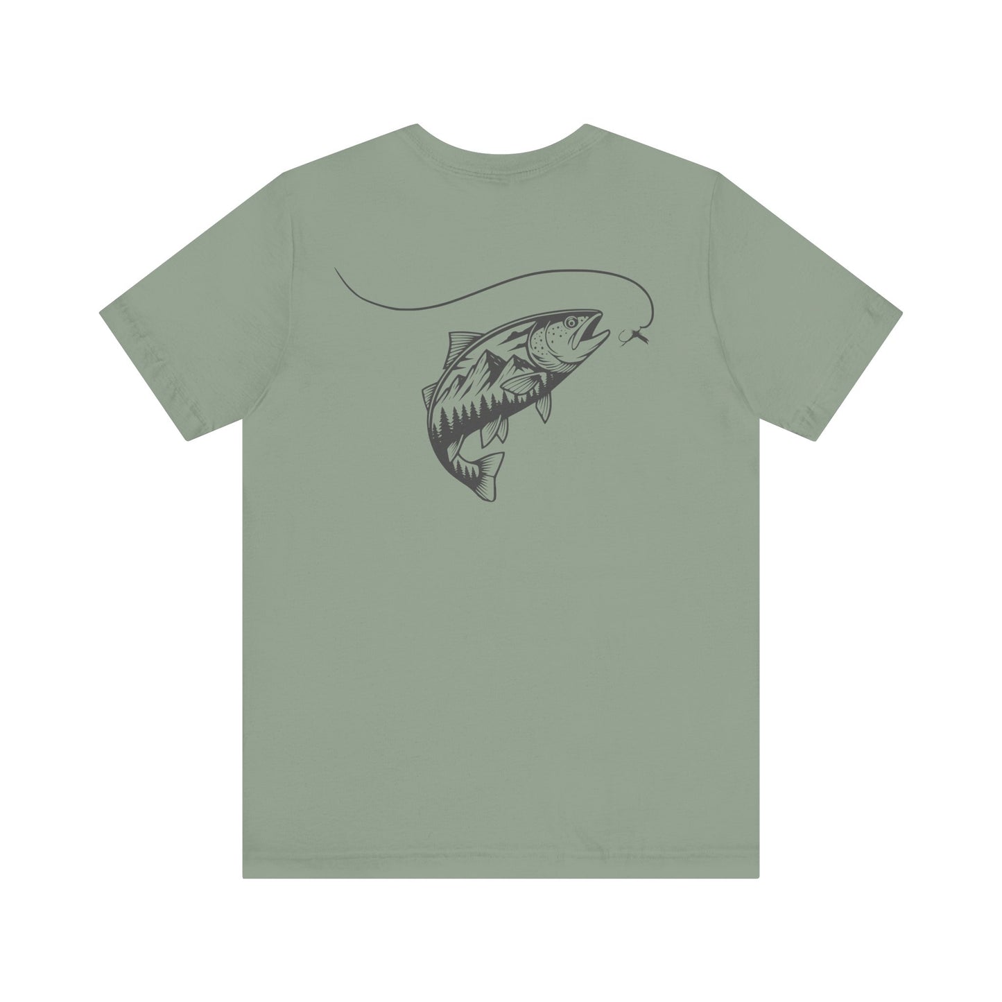 Green t-shirt with a fish graphic on the back against a white background