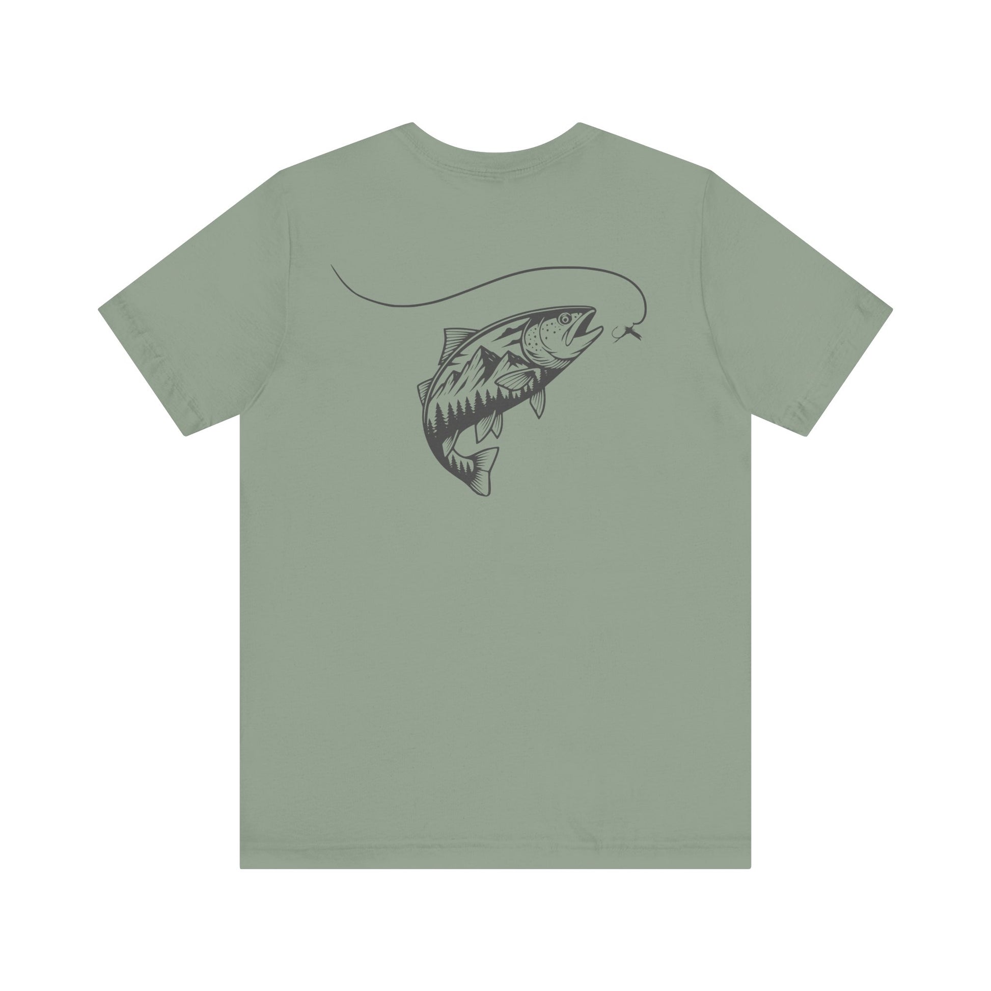 Green t-shirt with a fish graphic on the back against a white background