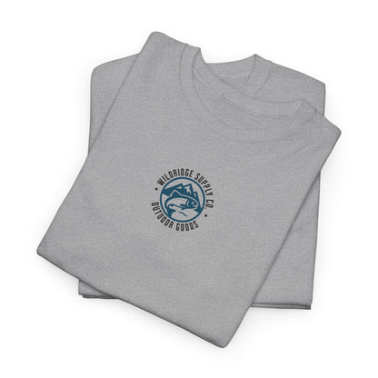 Folded gray t-shirt with a blue logo on a white background