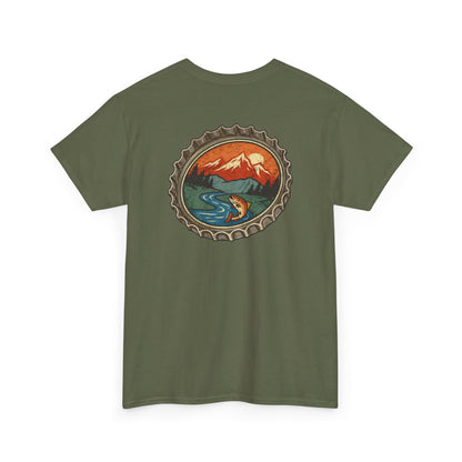 Bottle Cap Fishing Graphic Tee – Vintage Mountain River Outdoor Shirt
