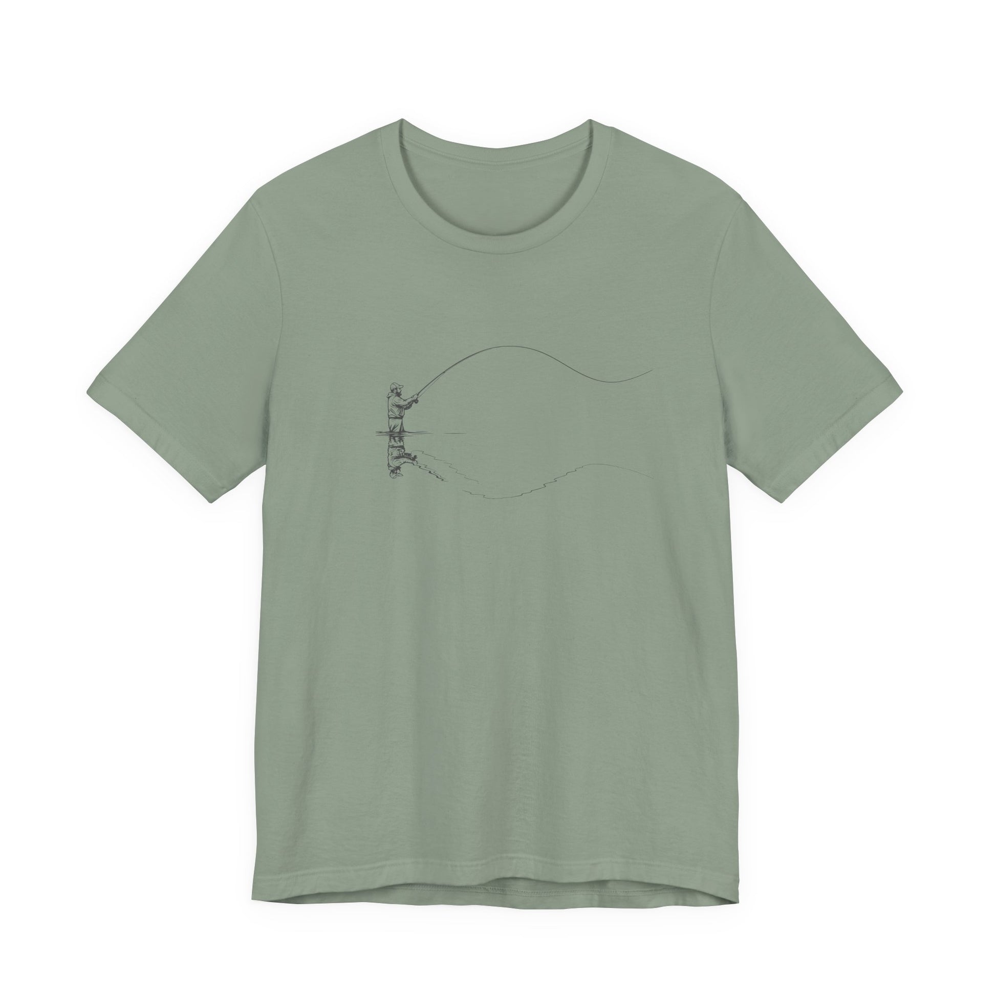 Green t-shirt with a small design on a white background