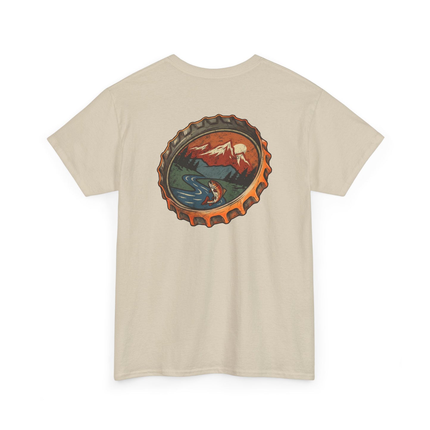 Bottle Cap Fishing Graphic Tee – Vintage Mountain River Outdoor Shirt
