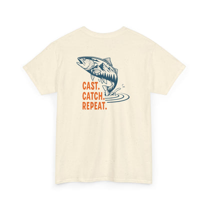 Beige t-shirt with fishing graphic and text 'CAST. CATCH. REPEAT.' on a white background