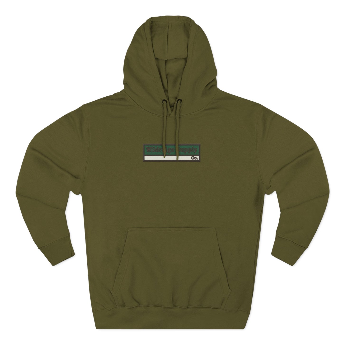 Green hoodie with a logo on the chest against a white background