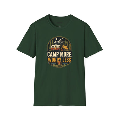 Camp More Worry Less T-Shirt | Vintage RV Camping Badge