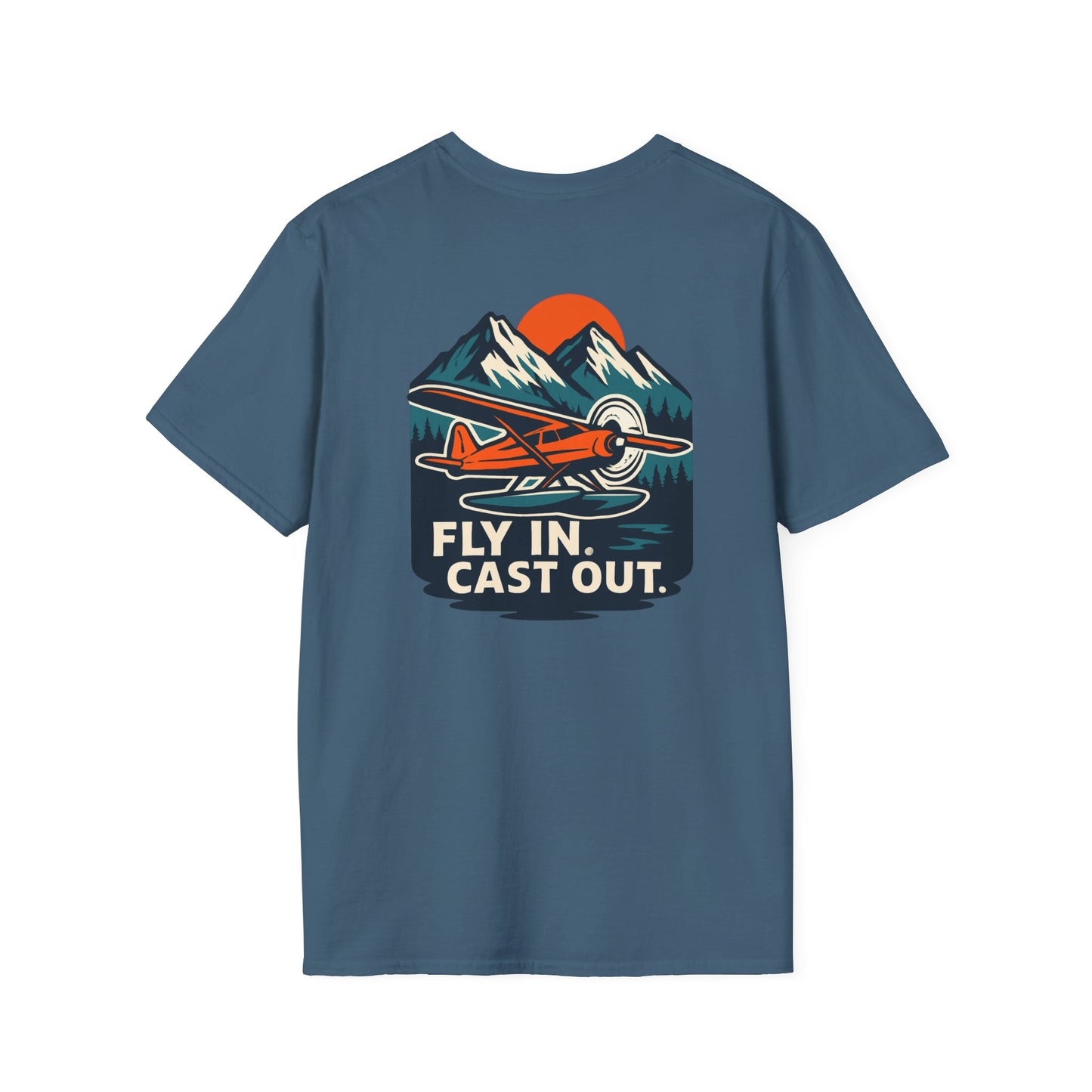 Fishing Unisex Softstyle T-Shirt with Alaskan Seaplane Design - Fly in Cast Out