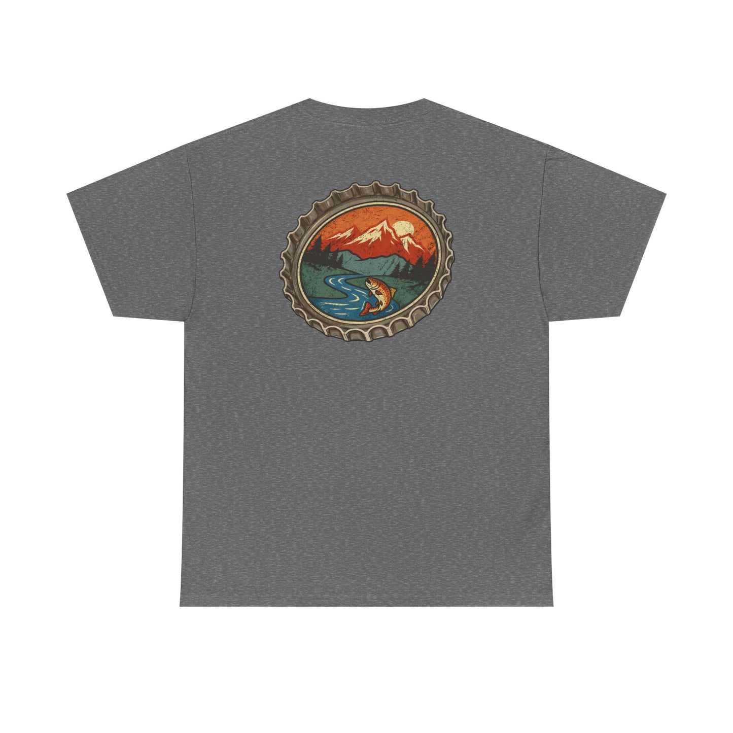Bottle Cap Fishing Graphic Tee – Vintage Mountain River Outdoor Shirt