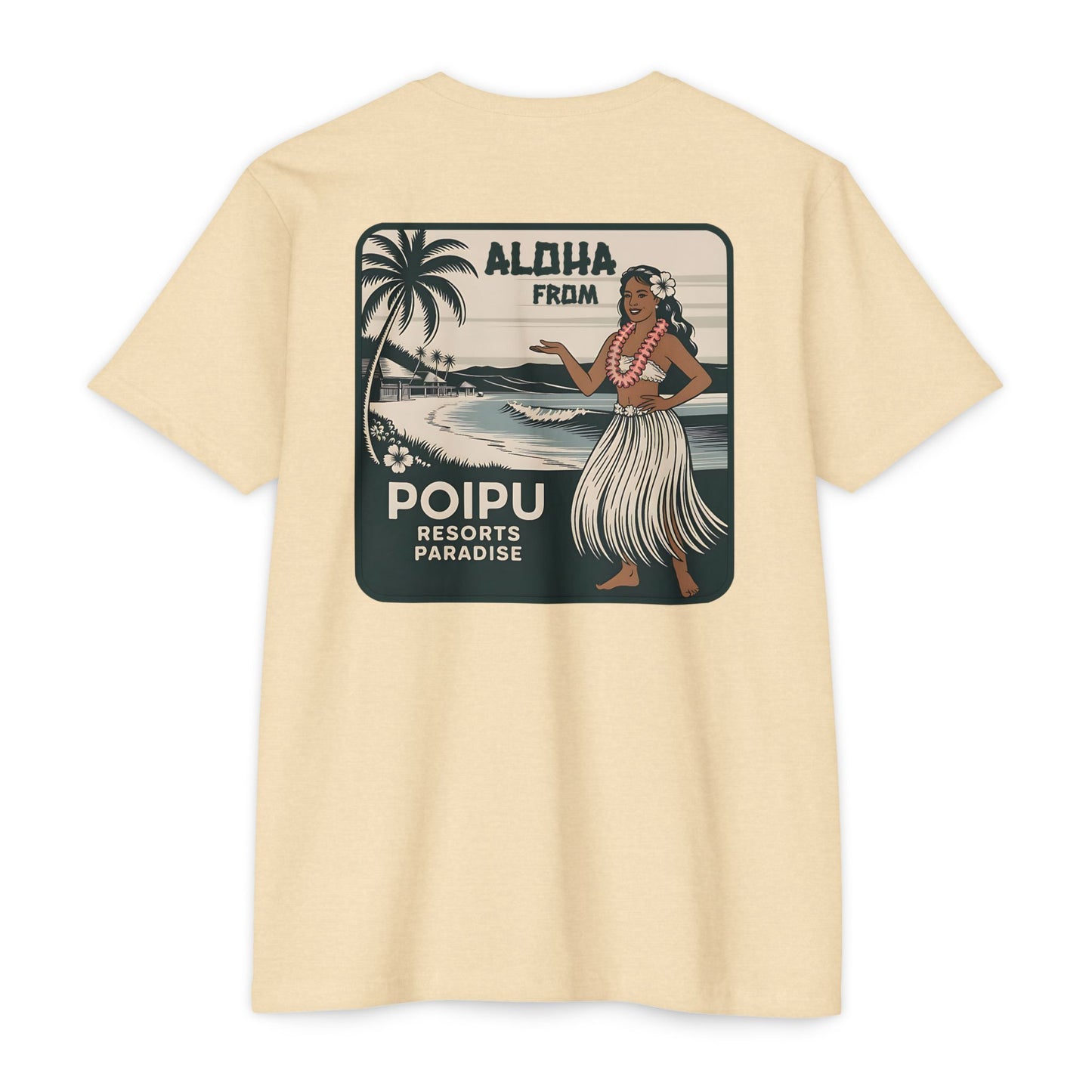 Beige t-shirt with a tropical graphic on the back featuring a woman in a hula skirt and palm trees.