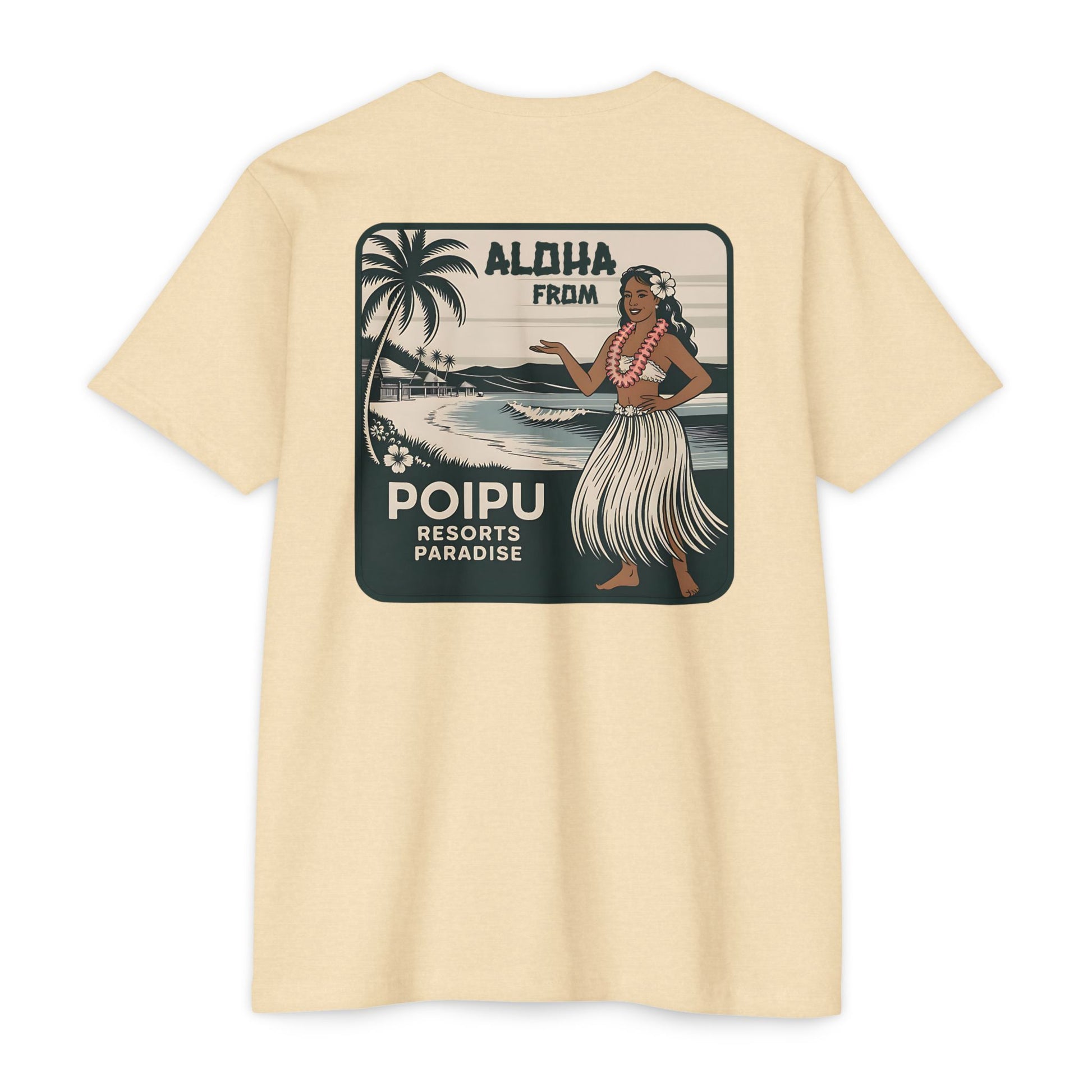 Beige t-shirt with a tropical graphic on the back featuring a woman in a hula skirt and palm trees.