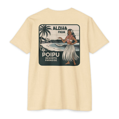 Beige t-shirt with a tropical graphic on the back featuring a woman in a hula skirt and palm trees.