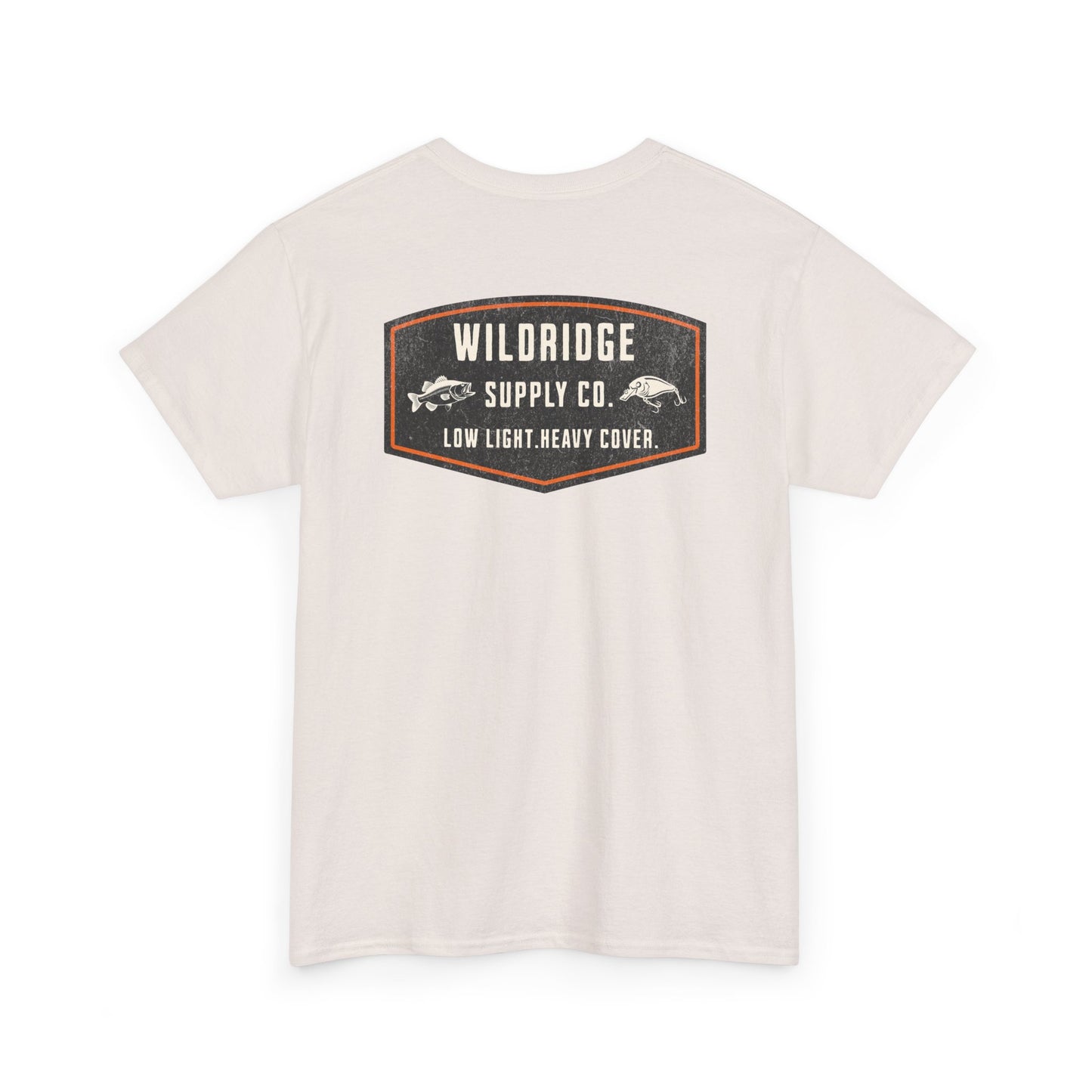 Back of white fishing t-shirt with Low Light Heavy Cover design