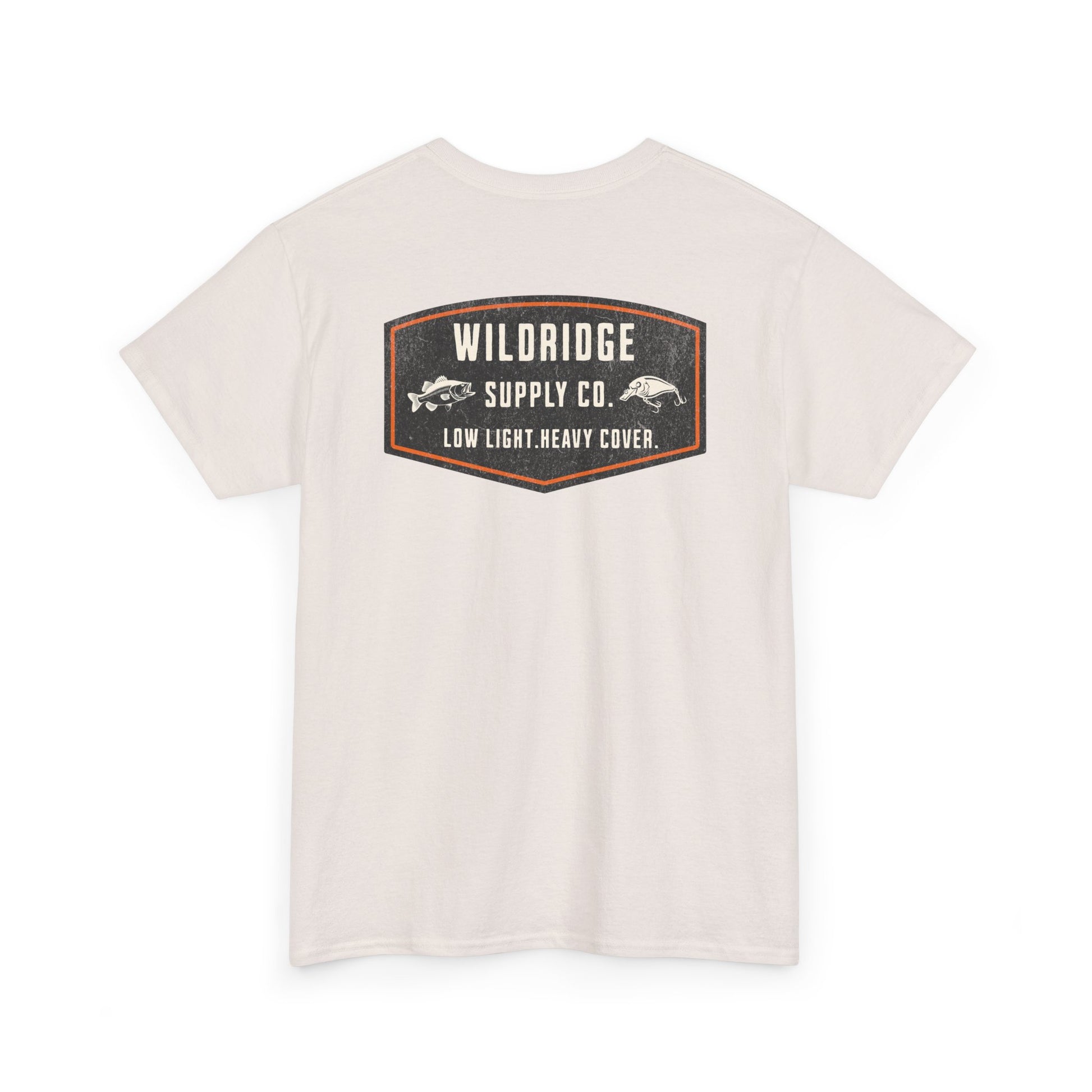 Back of white fishing t-shirt with Low Light Heavy Cover design