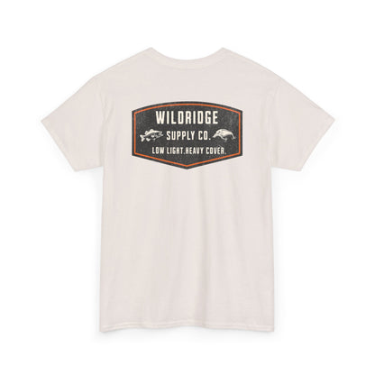 Back of white fishing t-shirt with Low Light Heavy Cover design