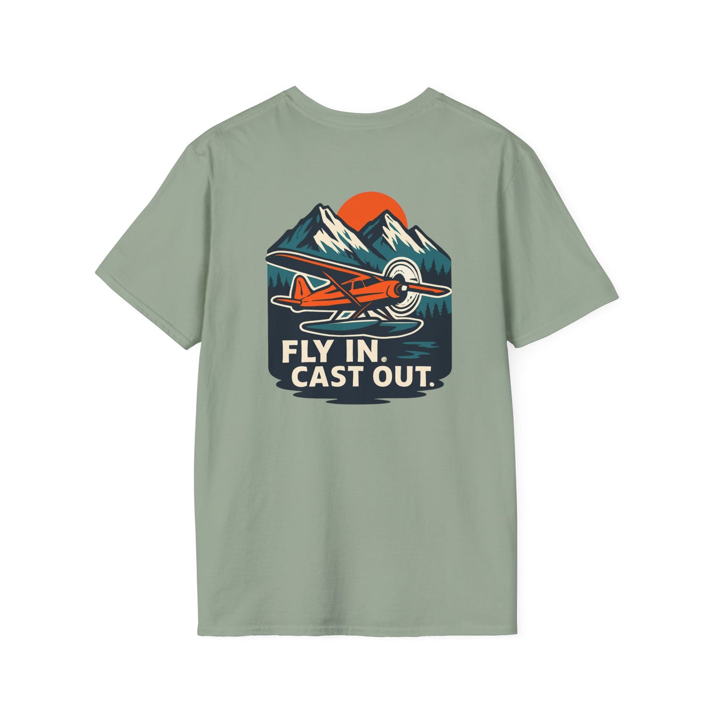 Fishing Unisex Softstyle T-Shirt with Alaskan Seaplane Design - Fly in Cast Out