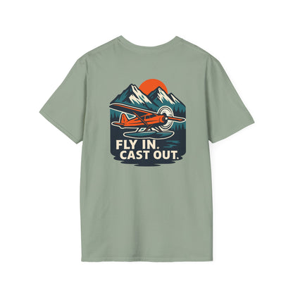 Fishing Unisex Softstyle T-Shirt with Alaskan Seaplane Design - Fly in Cast Out