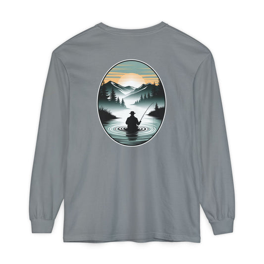 Gray long-sleeve shirt with a fishing graphic on the back against a white background
