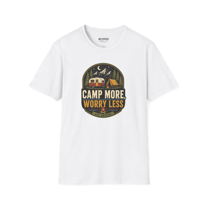 Camp More Worry Less T-Shirt | Vintage RV Camping Badge