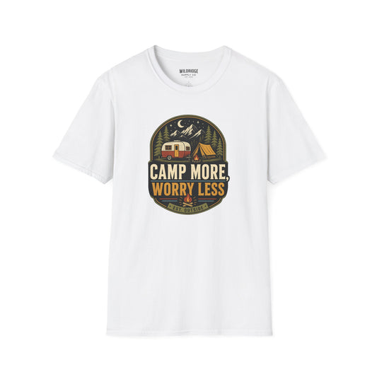 Camp More Worry Less T-Shirt | Vintage RV Camping Badge