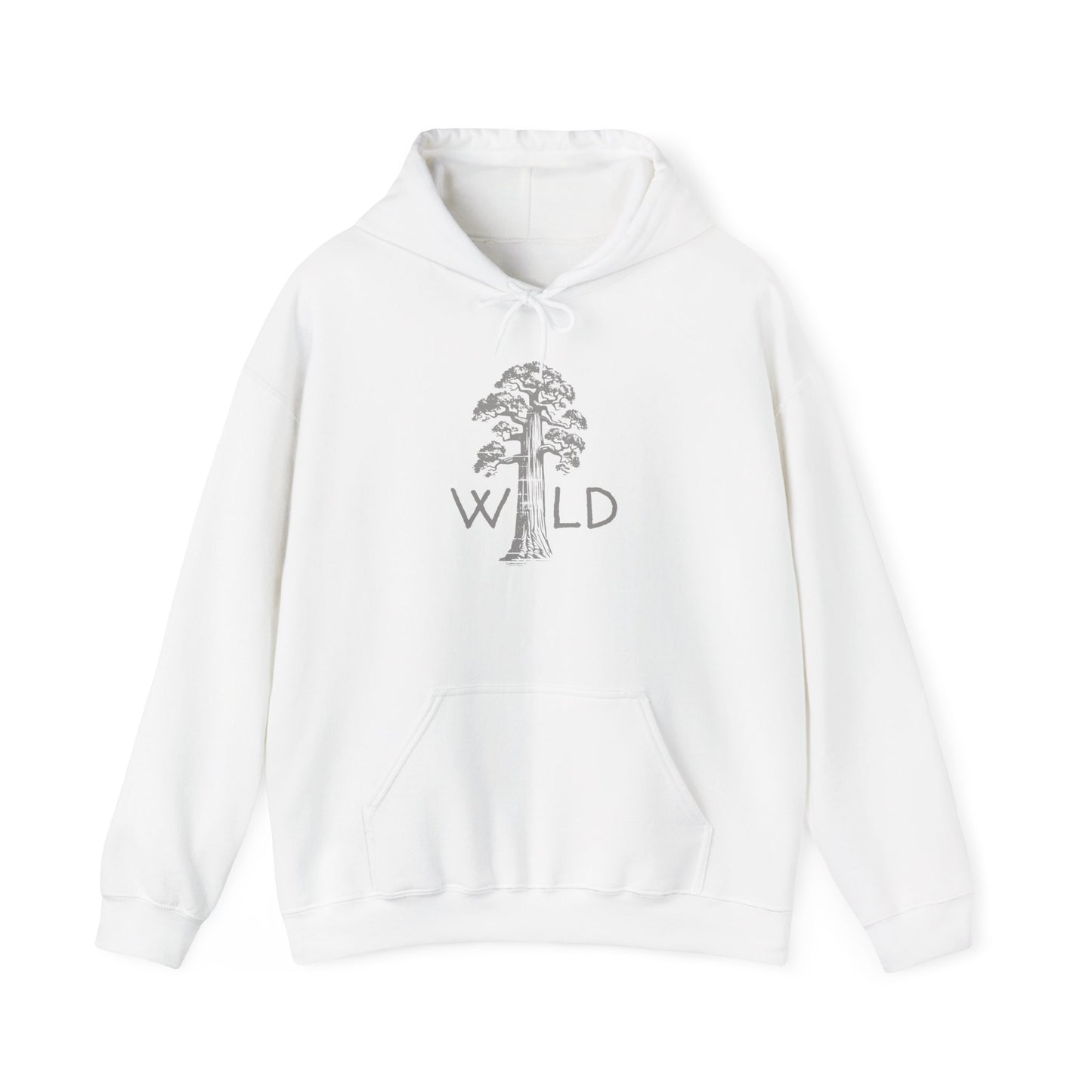 White hoodie with a tree and 'WILD' text design on a white background