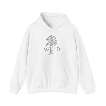 White hoodie with a tree and 'WILD' text design on a white background