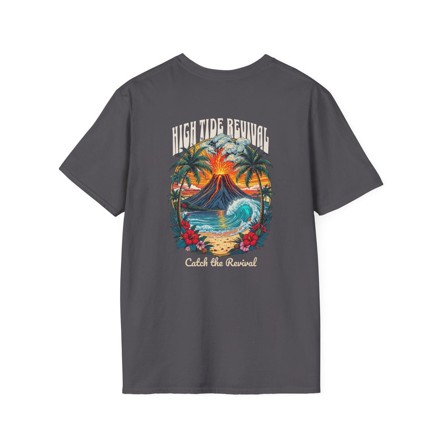 High Tide Revival Surf T-Shirt | Vintage Volcano Wave Graphic Tee | Coastal Beachwear for Surfers