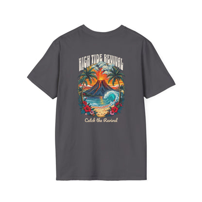High Tide Revival Surf T-Shirt | Vintage Volcano Wave Graphic Tee | Coastal Beachwear for Surfers