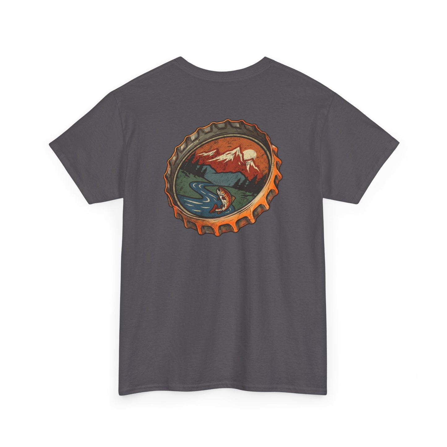 Bottle Cap Fishing Graphic Tee – Vintage Mountain River Outdoor Shirt
