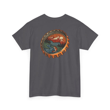Bottle Cap Fishing Graphic Tee – Vintage Mountain River Outdoor Shirt