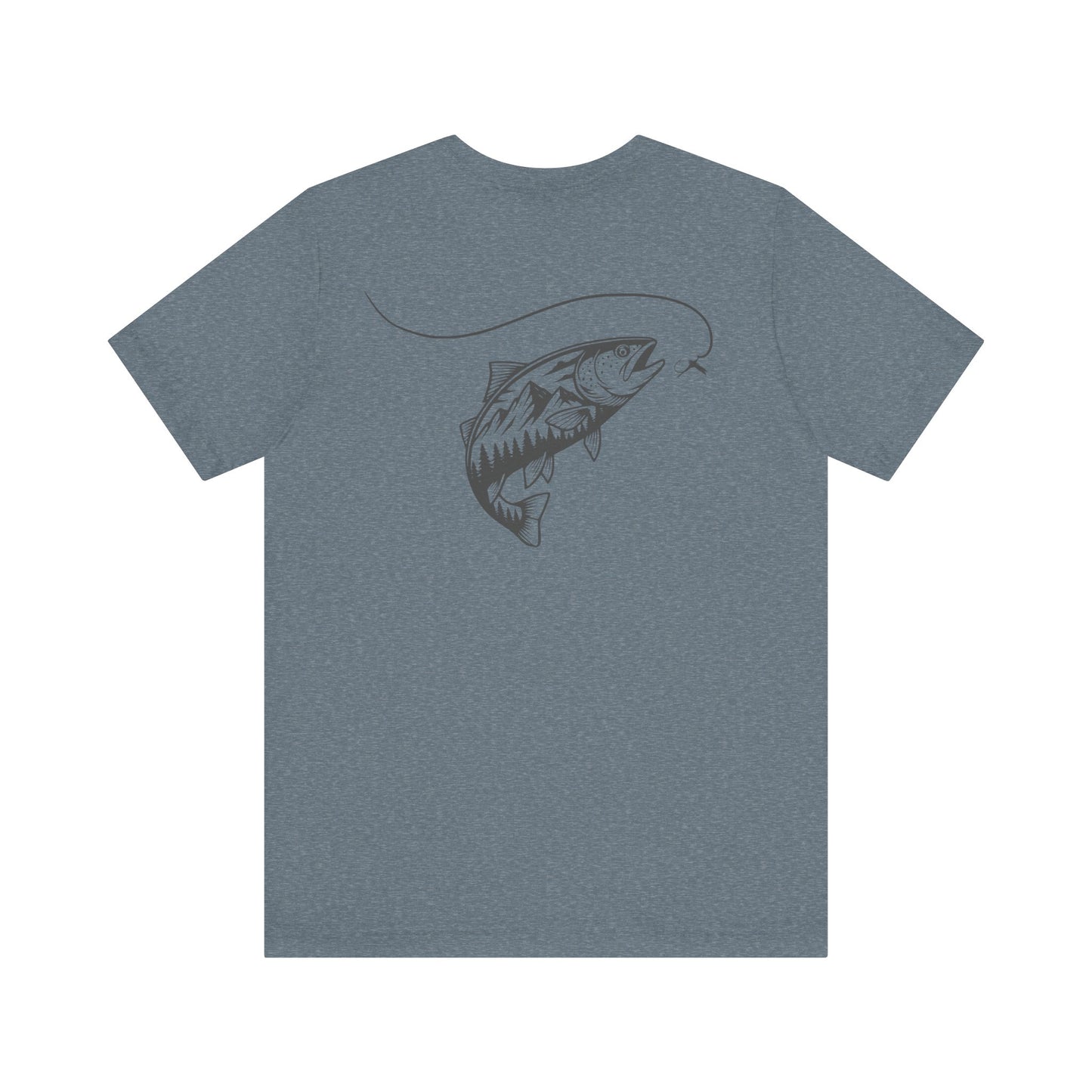 Blue t-shirt with a fish graphic on the back against a white background