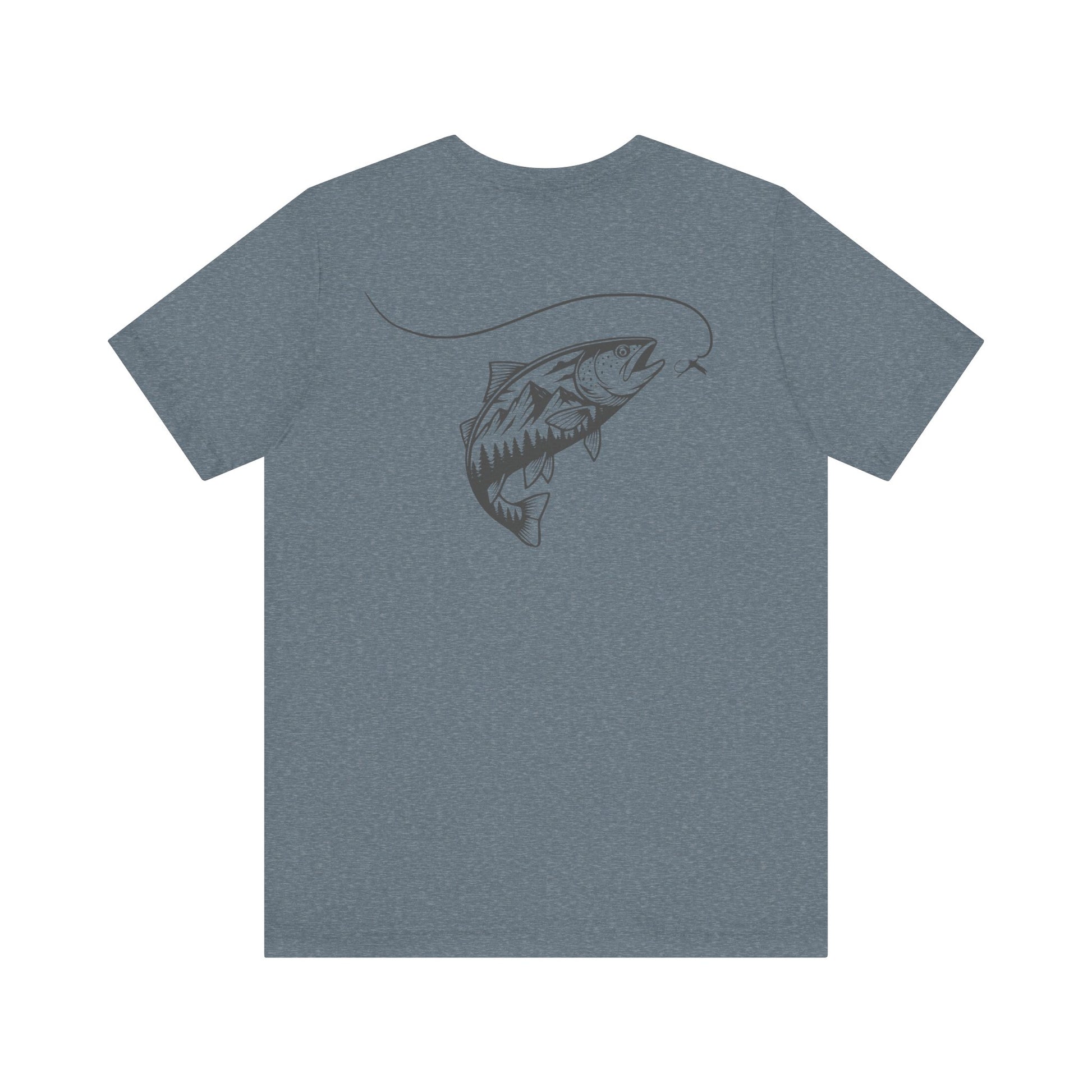 Blue t-shirt with a fish graphic on the back against a white background