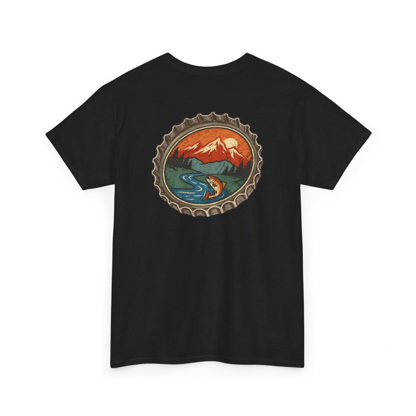 Bottle Cap Fishing Graphic Tee – Vintage Mountain River Outdoor Shirt