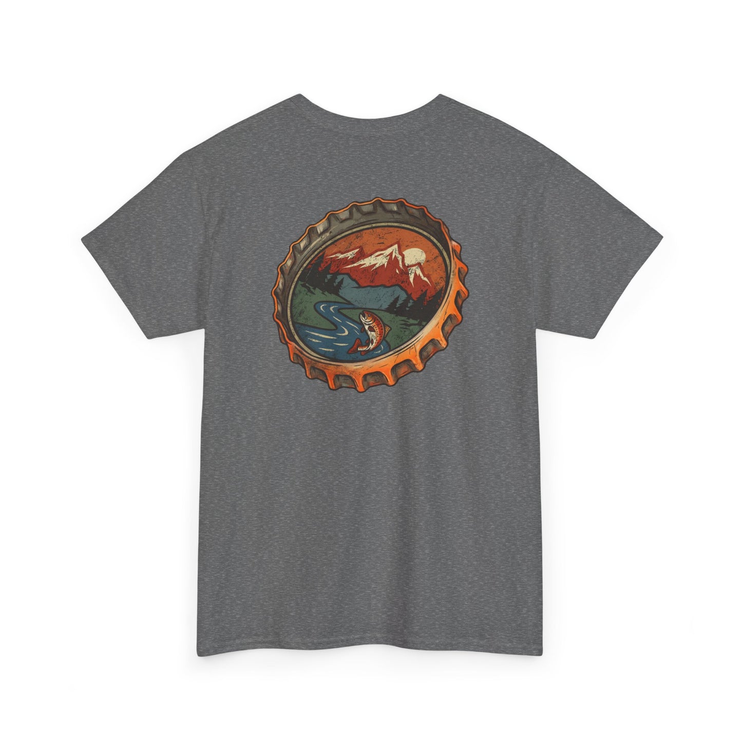Bottle Cap Fishing Graphic Tee – Vintage Mountain River Outdoor Shirt